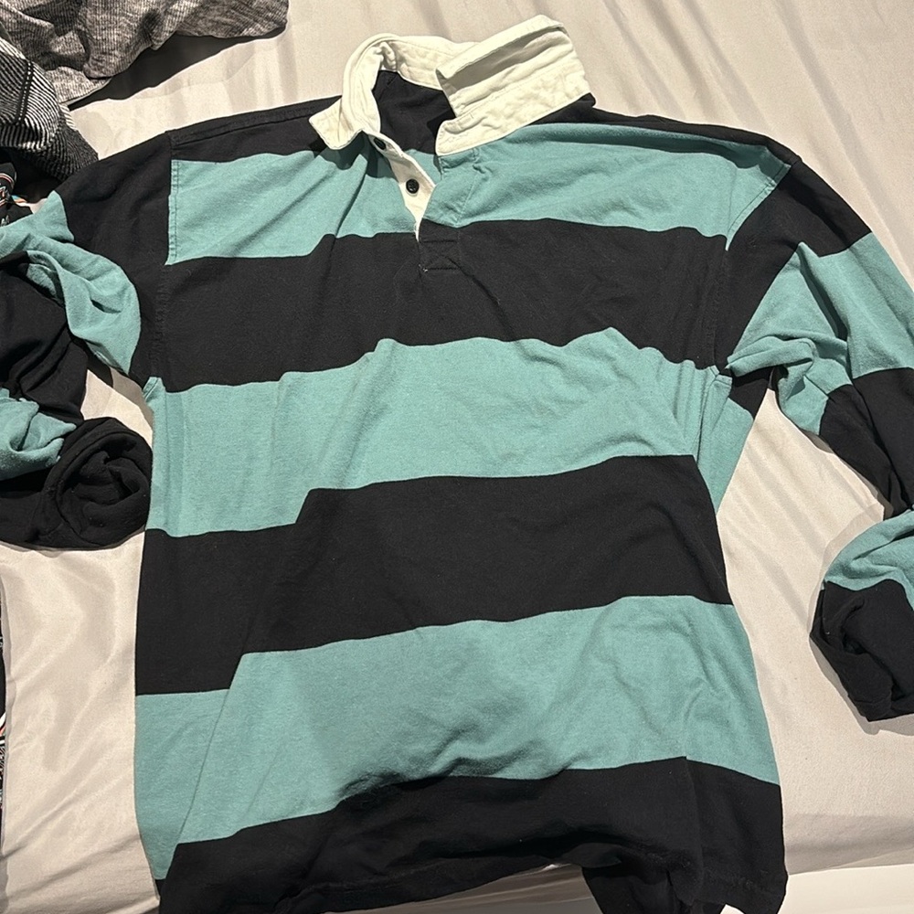 men’s long sleeve polo sea foam green and black horizontal stripes